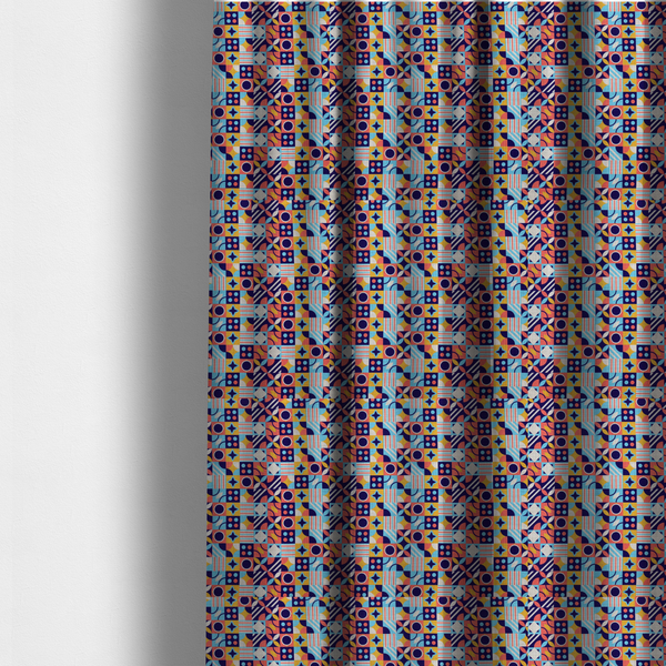 The fabric used to create these made-to-measure curtains is a high-energy, multi-coloured geometric fabric featuring a rhythmic grid of Bauhaus-inspired motifs. The design is a playful mosaic of circles, stars, stripes, and quarter-moons in a vibrant palette of mustard yellow, coral pink, sky blue, and deep midnight navy, all set against a textured, off-white linen-look background.