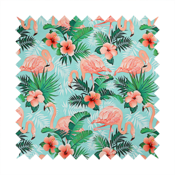 A vibrant tropical pattern featuring pink flamingos, orange hibiscus flowers, and lush green palm leaves on a bright turquoise background.