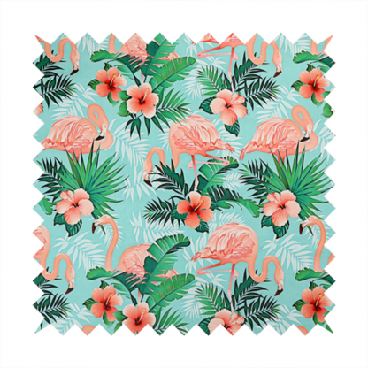 A vibrant tropical pattern featuring pink flamingos, orange hibiscus flowers, and lush green palm leaves on a bright turquoise background.