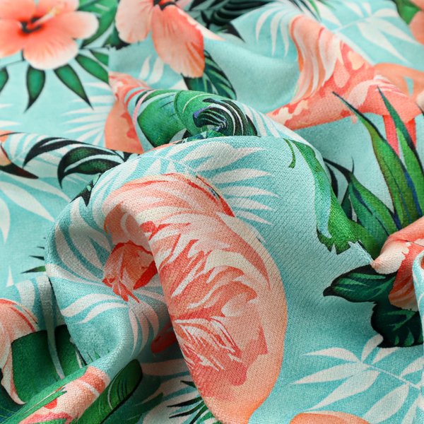 A vibrant tropical pattern featuring pink flamingos, orange hibiscus flowers, and lush green palm leaves on a bright turquoise background.