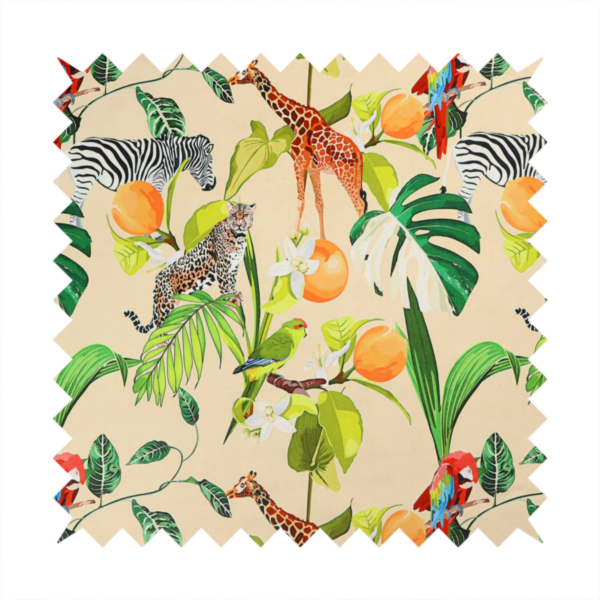 A playful jungle pattern featuring zebras, giraffes, leopards, parrots, and citrus fruits among lush green leaves on a cream-colored background.