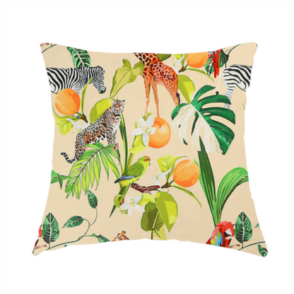 The fabric used to create this handmade cushion is a playful jungle pattern featuring zebras, giraffes, leopards, parrots, and citrus fruits among lush green leaves on a cream-colored background.