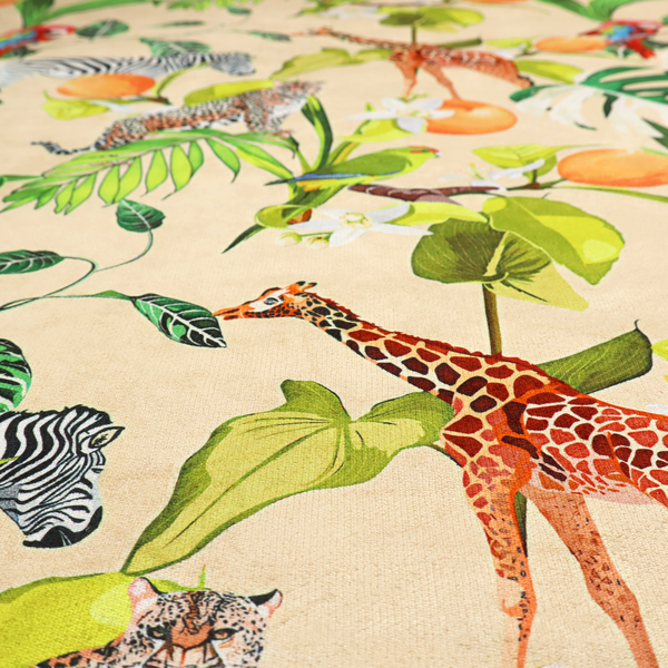 A playful jungle pattern featuring zebras, giraffes, leopards, parrots, and citrus fruits among lush green leaves on a cream-colored background.