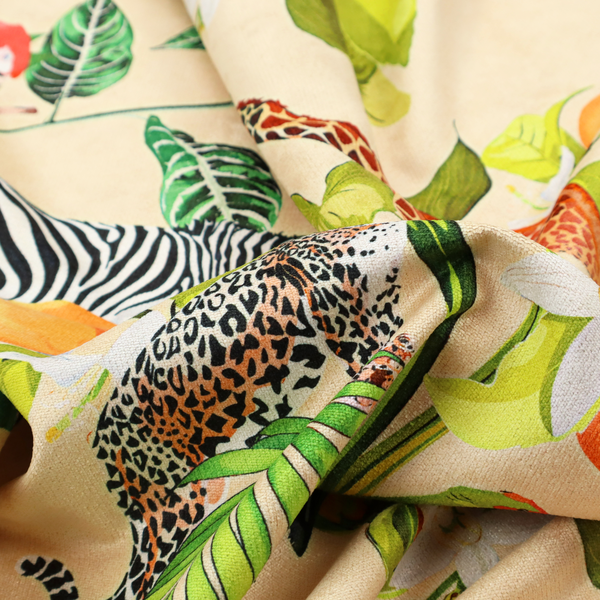 A playful jungle pattern featuring zebras, giraffes, leopards, parrots, and citrus fruits among lush green leaves on a cream-colored background.