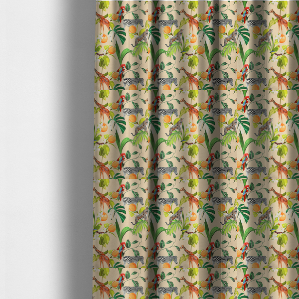 The fabric used to create these made-to-measure curtains is a playful jungle pattern featuring zebras, giraffes, leopards, parrots, and citrus fruits among lush green leaves on a cream-colored background.
