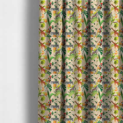The fabric used to create these made-to-measure curtains is a playful jungle pattern featuring zebras, giraffes, leopards, parrots, and citrus fruits among lush green leaves on a cream-colored background.