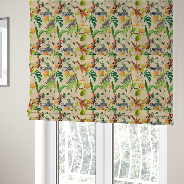 The fabric used to create these Roman blinds is a playful jungle pattern featuring zebras, giraffes, leopards, parrots, and citrus fruits among lush green leaves on a cream-colored background.