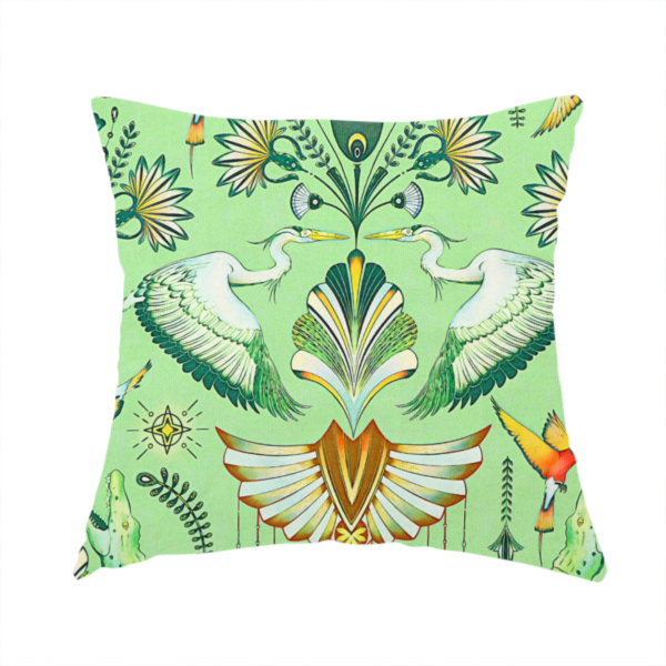The fabric used to create this handmade cushion is an ornate upholstery fabric with a mirrored botanical and wildlife design. Features white herons with outspread wings, crocodiles, hummingbirds, and butterflies surrounding stylized teal and gold fan motifs on a soft lime-green base.