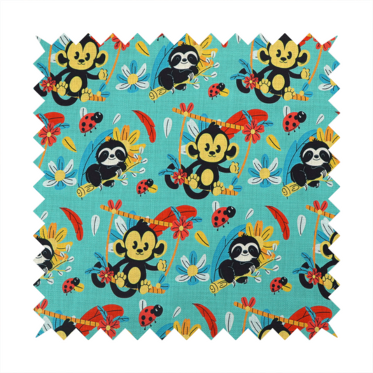 A playful and vibrant children’s fabric featuring a repeat pattern of cute, cartoon-style jungle animals. The design showcases smiling black-and-yellow monkeys swinging on vines, sleepy sloths resting on branches, and tiny red ladybirds scattered throughout. Complemented by tropical flowers and feathers in red and yellow, all set against a bright, textured turquoise-blue background.
