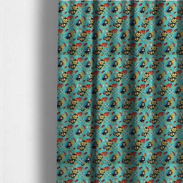 The fabric used to create these made-to-measure curtains is a playful and vibrant children’s fabric featuring a repeat pattern of cute, cartoon-style jungle animals. The design showcases smiling black-and-yellow monkeys swinging on vines, sleepy sloths resting on branches, and tiny red ladybirds scattered throughout. Complemented by tropical flowers and feathers in red and yellow, all set against a bright, textured turquoise-blue background.