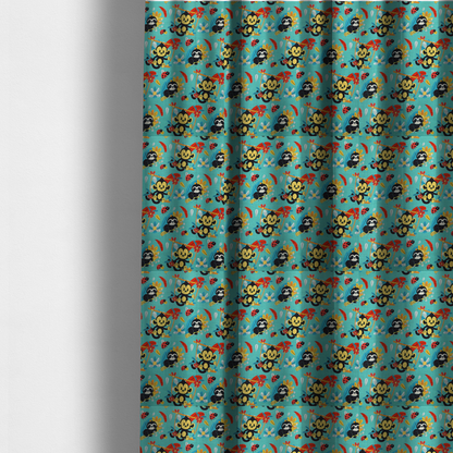 The fabric used to create these made-to-measure curtains is a playful and vibrant children’s fabric featuring a repeat pattern of cute, cartoon-style jungle animals. The design showcases smiling black-and-yellow monkeys swinging on vines, sleepy sloths resting on branches, and tiny red ladybirds scattered throughout. Complemented by tropical flowers and feathers in red and yellow, all set against a bright, textured turquoise-blue background.