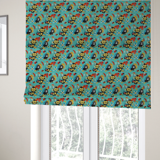 The fabric used to create these Roman blinds is a playful and vibrant children’s fabric featuring a repeat pattern of cute, cartoon-style jungle animals. The design showcases smiling black-and-yellow monkeys swinging on vines, sleepy sloths resting on branches, and tiny red ladybirds scattered throughout. Complemented by tropical flowers and feathers in red and yellow, all set against a bright, textured turquoise-blue background.