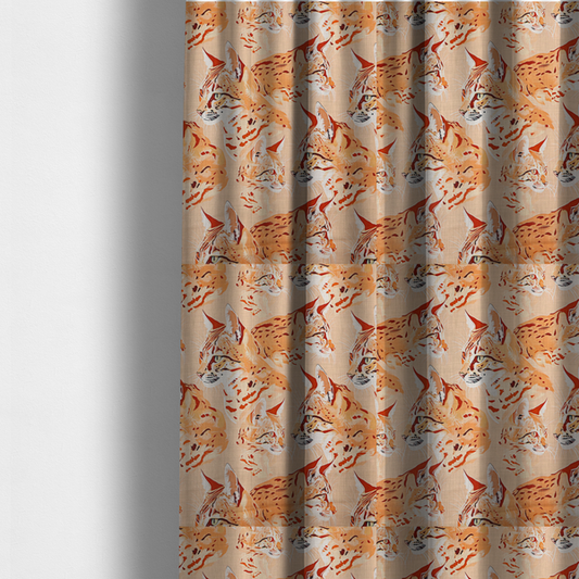 Fabric used to create these made-to-measure curtains is a repeating pattern of illustrated wild cat heads, such as lynxes or bobcats, in shades of orange and cream on a light peach-coloured fabric with a subtle linen-like texture.