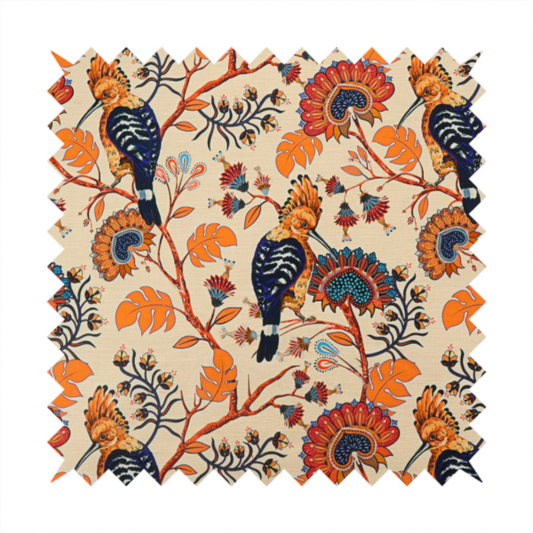 A striking botanical pattern featuring crested Hoopoe birds perched on winding orange branches with teal and terracotta floral blossoms on a warm cream background.