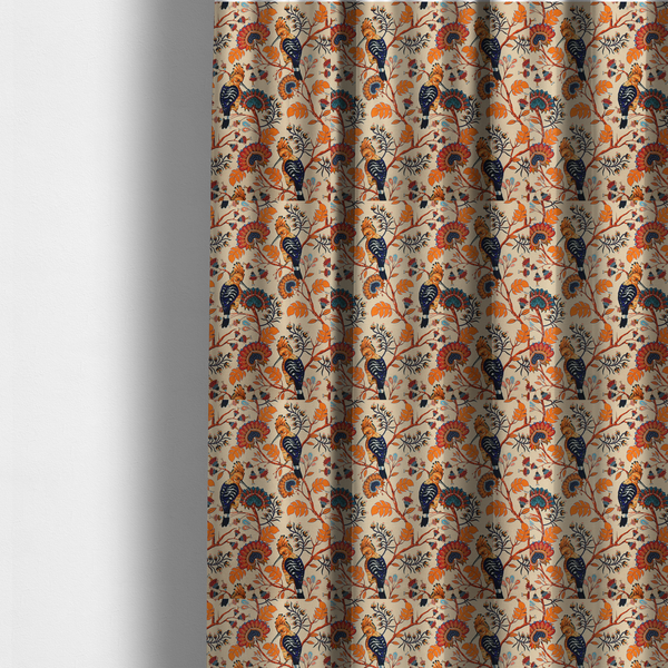 The fabric used to create these made-to-measure curtains is a striking botanical pattern featuring crested Hoopoe birds perched on winding orange branches with teal and terracotta floral blossoms on a warm cream background.