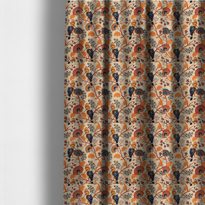 The fabric used to create these made-to-measure curtains is a striking botanical pattern featuring crested Hoopoe birds perched on winding orange branches with teal and terracotta floral blossoms on a warm cream background.