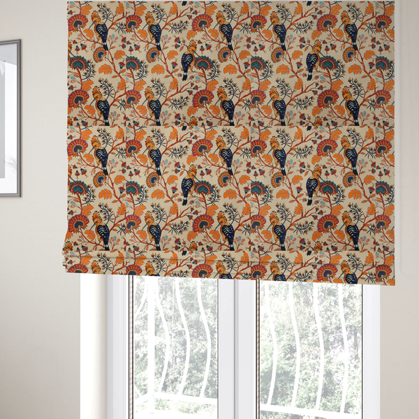 The fabric used to create these Roman blinds is a striking botanical pattern featuring crested Hoopoe birds perched on winding orange branches with teal and terracotta floral blossoms on a warm cream background.