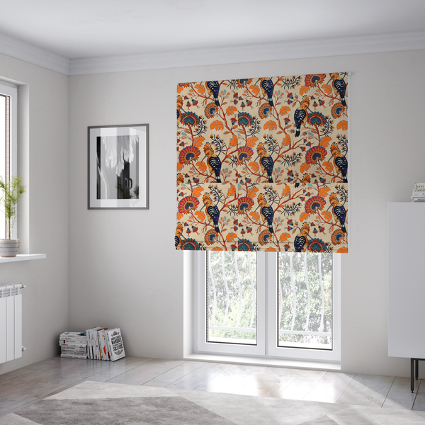 The fabric used to create these Roman blinds is a striking botanical pattern featuring crested Hoopoe birds perched on winding orange branches with teal and terracotta floral blossoms on a warm cream background.