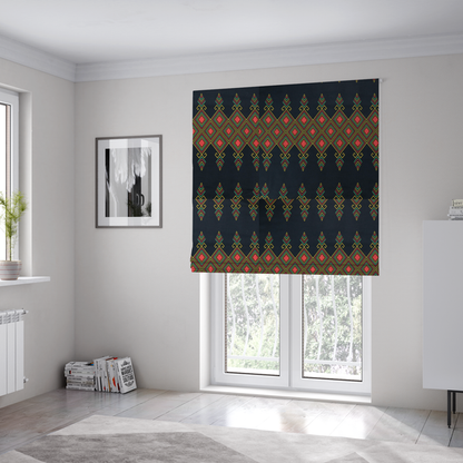 The fabric used to create these Roman blinds is a geometric tribal pattern featuring red, yellow, and green diamonds and linear motifs on a dark charcoal-black fabric background.