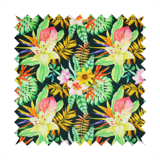 A vivid tropical botanical pattern featuring lilies, birds of paradise, and pink plumeria blossoms set against lush green leaves on a deep midnight black background.