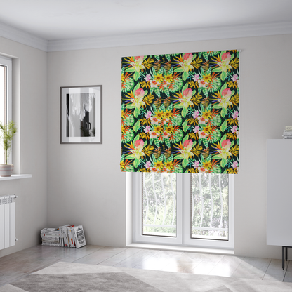 The fabric used to create these Roman blinds is a vivid tropical botanical pattern featuring lilies, birds of paradise, and pink plumeria blossoms set against lush green leaves on a deep midnight black background.