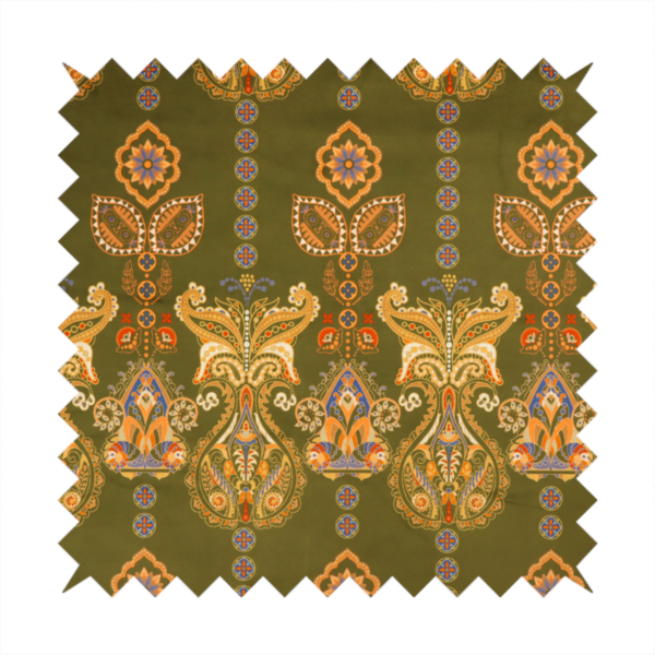 An intricate, bohemian-inspired pattern featuring ornate paisley motifs and stylized floral medallions in warm ochre, terracotta, and cerulean blue on a rich olive green background.