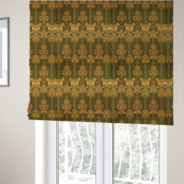 The fabric used to create these Roman blinds is a intricate, bohemian-inspired pattern featuring ornate paisley motifs and stylized floral medallions in warm ochre, terracotta, and cerulean blue on a rich olive green background.