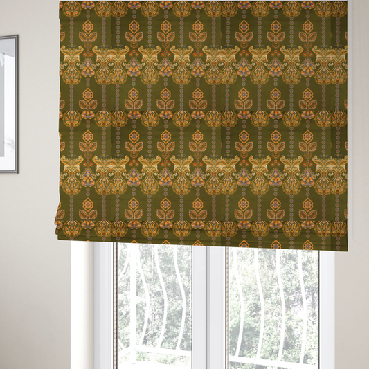 The fabric used to create these Roman blinds is a intricate, bohemian-inspired pattern featuring ornate paisley motifs and stylized floral medallions in warm ochre, terracotta, and cerulean blue on a rich olive green background.
