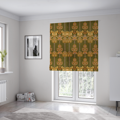The fabric used to create these Roman blinds is a intricate, bohemian-inspired pattern featuring ornate paisley motifs and stylized floral medallions in warm ochre, terracotta, and cerulean blue on a rich olive green background.