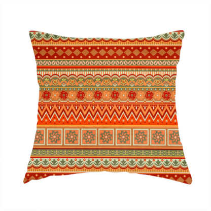 The fabric used to create this handmade cushion is a vibrant, tribal-inspired geometric pattern featuring horizontal bands of zig-zags, floral tiles, and ornamental borders in a warm palette of terracotta, burnt orange, and sage green.
