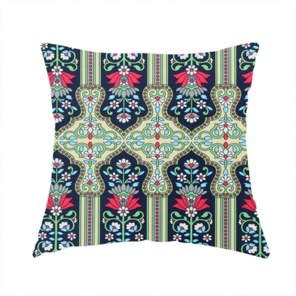 The fabric used to create this handmade cushion is a fabric is a highly detailed, symmetrical textile pattern with a dark navy blue background. The design consists of repeating vertical floral motifs arranged in columns, separated by narrow, light-coloured striped bands.