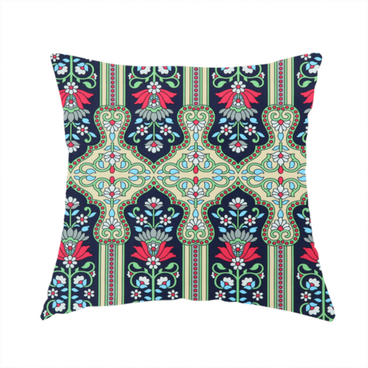 The fabric used to create this handmade cushion is a fabric is a highly detailed, symmetrical textile pattern with a dark navy blue background. The design consists of repeating vertical floral motifs arranged in columns, separated by narrow, light-coloured striped bands.