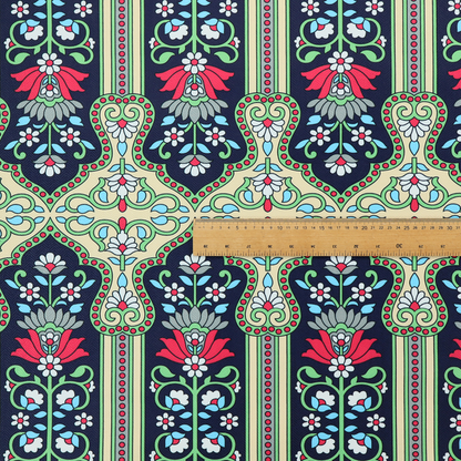 This fabric is a highly detailed, symmetrical textile pattern with a dark navy blue background. The design consists of repeating vertical floral motifs arranged in columns, separated by narrow, light-coloured striped bands.