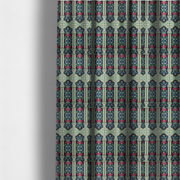 The fabric used to create these made-to-measure curtains is a fabric is a highly detailed, symmetrical textile pattern with a dark navy blue background. The design consists of repeating vertical floral motifs arranged in columns, separated by narrow, light-coloured striped bands.