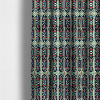 The fabric used to create these made-to-measure curtains is a fabric is a highly detailed, symmetrical textile pattern with a dark navy blue background. The design consists of repeating vertical floral motifs arranged in columns, separated by narrow, light-coloured striped bands.