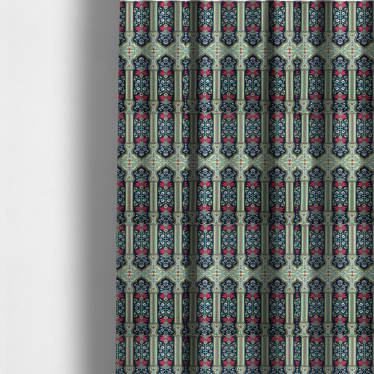 The fabric used to create these made-to-measure curtains is a fabric is a highly detailed, symmetrical textile pattern with a dark navy blue background. The design consists of repeating vertical floral motifs arranged in columns, separated by narrow, light-coloured striped bands.