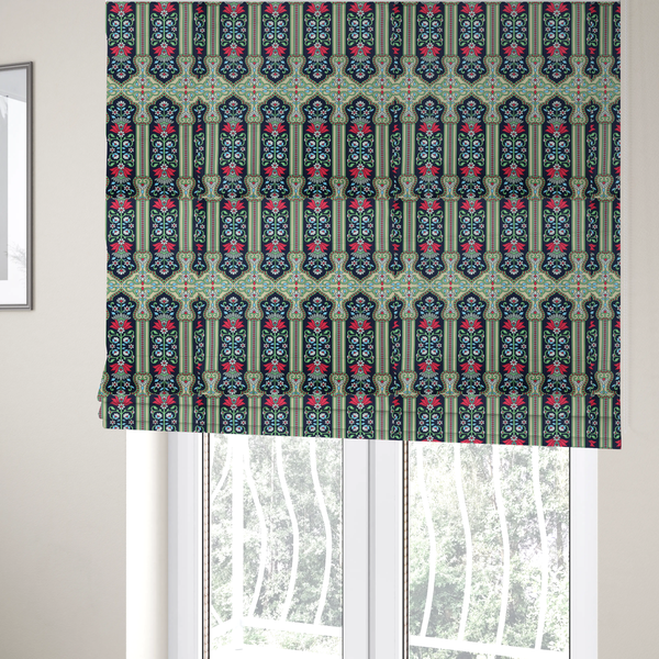 The fabric used to create these Roman blinds is a fabric is a highly detailed, symmetrical textile pattern with a dark navy blue background. The design consists of repeating vertical floral motifs arranged in columns, separated by narrow, light-coloured striped bands.