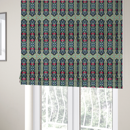 The fabric used to create these Roman blinds is a fabric is a highly detailed, symmetrical textile pattern with a dark navy blue background. The design consists of repeating vertical floral motifs arranged in columns, separated by narrow, light-coloured striped bands.