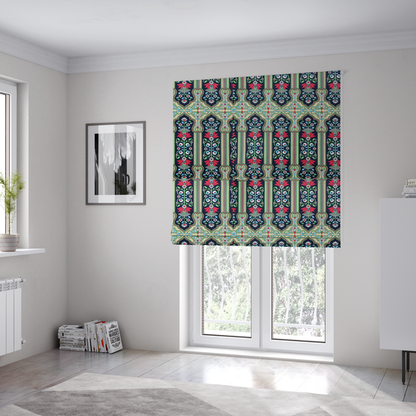 The fabric used to create these Roman blinds is a fabric is a highly detailed, symmetrical textile pattern with a dark navy blue background. The design consists of repeating vertical floral motifs arranged in columns, separated by narrow, light-coloured striped bands.
