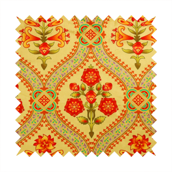 Ornate Gothic Revival fabric pattern featuring red and orange Tudor rose medallions framed by a gold ogival diamond lattice with teal accents.