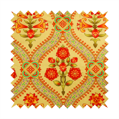 Ornate Gothic Revival fabric pattern featuring red and orange Tudor rose medallions framed by a gold ogival diamond lattice with teal accents.