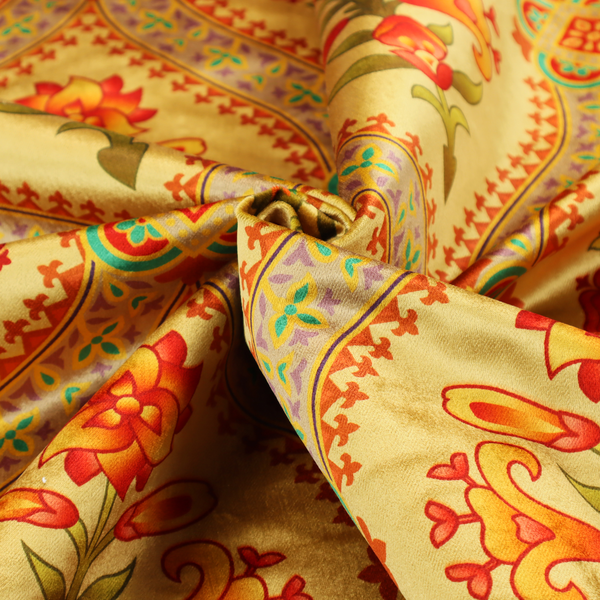 Ornate Gothic Revival fabric pattern featuring red and orange Tudor rose medallions framed by a gold ogival diamond lattice with teal accents.