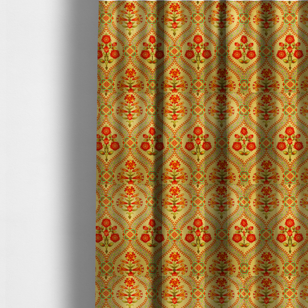 The fabric used to create these made-to-measure curtains is an ornate Gothic Revival fabric pattern featuring red and orange Tudor rose medallions framed by a gold ogival diamond lattice with teal accents.