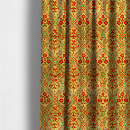 The fabric used to create these made-to-measure curtains is an ornate Gothic Revival fabric pattern featuring red and orange Tudor rose medallions framed by a gold ogival diamond lattice with teal accents.