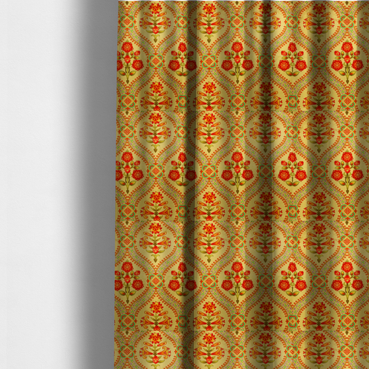 The fabric used to create these made-to-measure curtains is an ornate Gothic Revival fabric pattern featuring red and orange Tudor rose medallions framed by a gold ogival diamond lattice with teal accents.