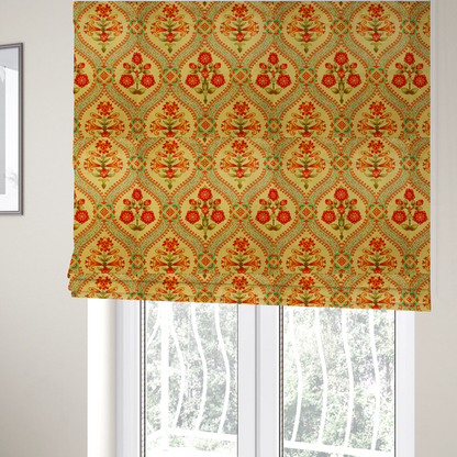 The fabric used to create these Roman blinds is an ornate Gothic Revival fabric pattern featuring red and orange Tudor rose medallions framed by a gold ogival diamond lattice with teal accents.