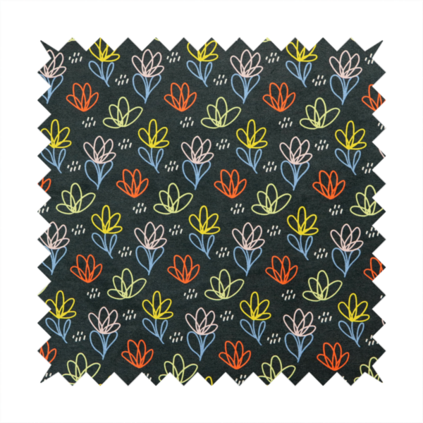 A black fabric print featuring a modern, repeating pattern of colourful doodle-style floral outlines. The flowers are drawn in vibrant yellow, orange, pink, and light blue, accented by small white dash marks, creating a playful and artistic aesthetic.