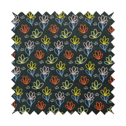 A black fabric print featuring a modern, repeating pattern of colourful doodle-style floral outlines. The flowers are drawn in vibrant yellow, orange, pink, and light blue, accented by small white dash marks, creating a playful and artistic aesthetic.