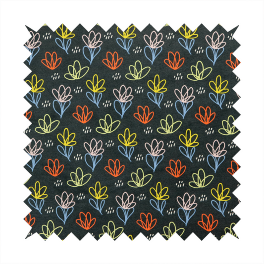 A black fabric print featuring a modern, repeating pattern of colourful doodle-style floral outlines. The flowers are drawn in vibrant yellow, orange, pink, and light blue, accented by small white dash marks, creating a playful and artistic aesthetic.