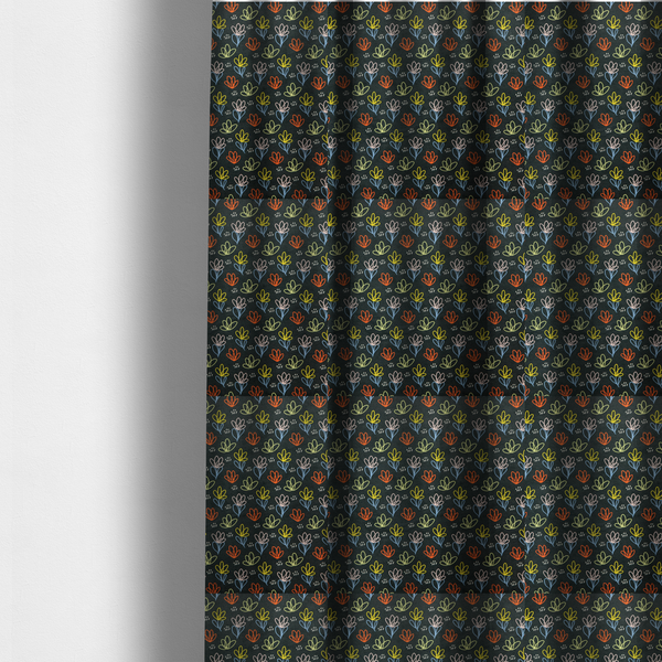 The fabric used to create these made-to-measure curtains is a black fabric print featuring a modern, repeating pattern of colourful doodle-style floral outlines. The flowers are drawn in vibrant yellow, orange, pink, and light blue, accented by small white dash marks, creating a playful and artistic aesthetic.